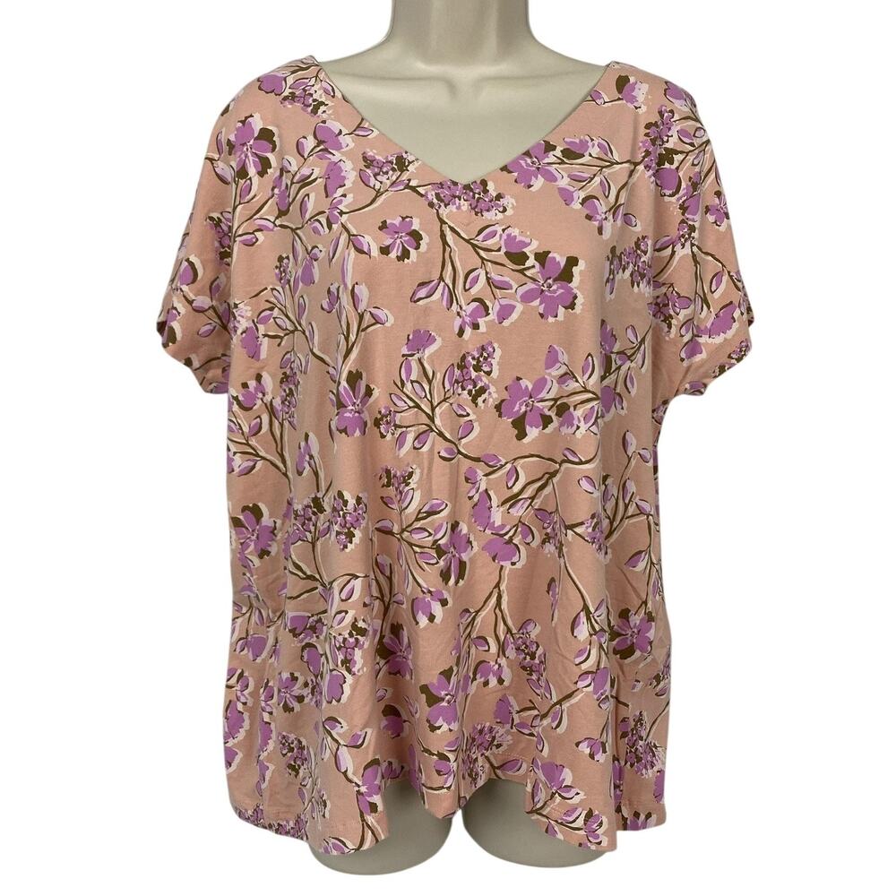 J Jill Luxe Supima Pleat Back Tee Top Large‎ Pastel Pink Purple Floral V Neck